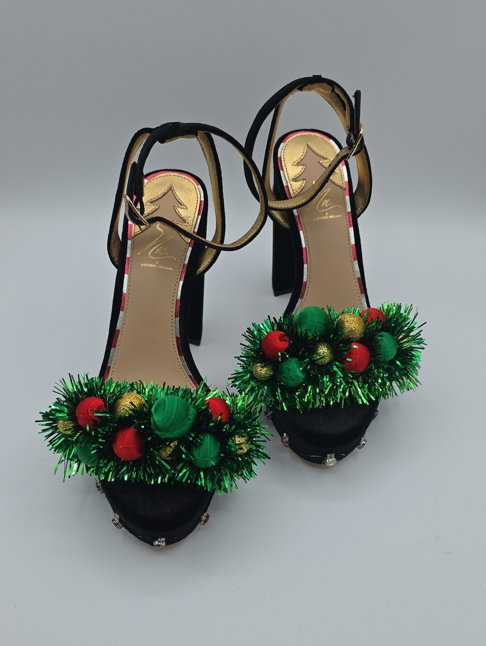 ANTONIO MELANI Black Velvet Heels with Green Tinsel and Red & Gold Ornaments - Picture 3 of 17